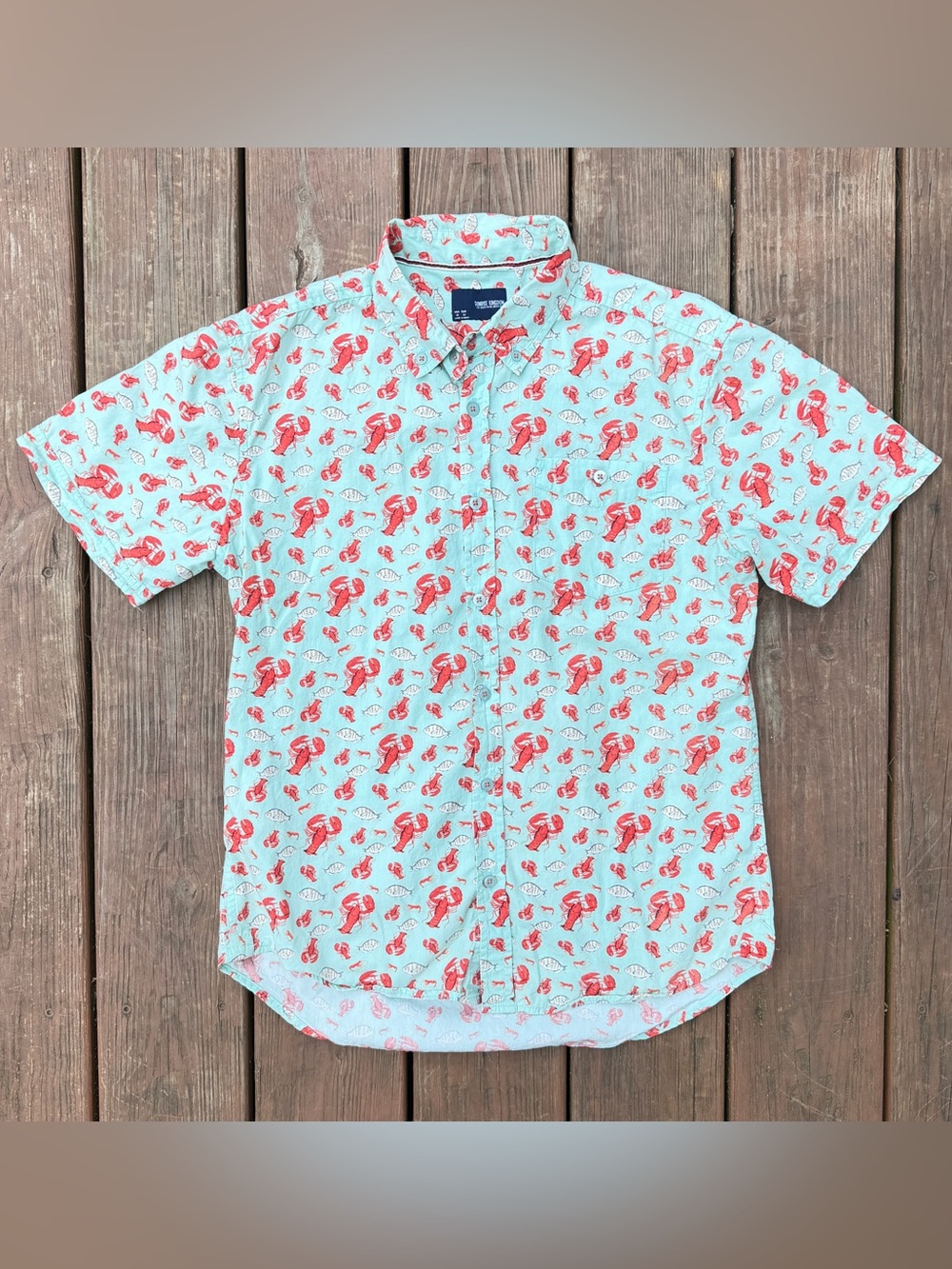 Sunrise Kingdom Men’s M Lobster Print Button Shirt Aqua Red Cotton Beach Casual